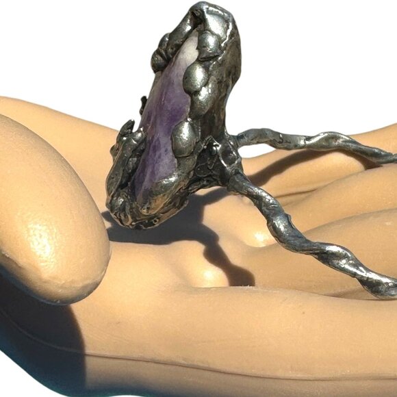 Handcrafted Amethyst Stone Claw Bangle Bracelet With Silver Blend Twist Design - Picture 4 of 11